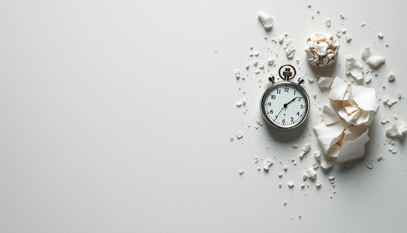 Un chronomètre posé parmi des fragments de papier déchiré, sur une surface de papier clair